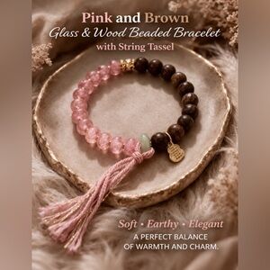 Glass & Wood Beaded Bracelet with Pink Tassel